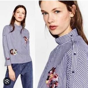 ZARA Striped Floral Embroidered Women's Top